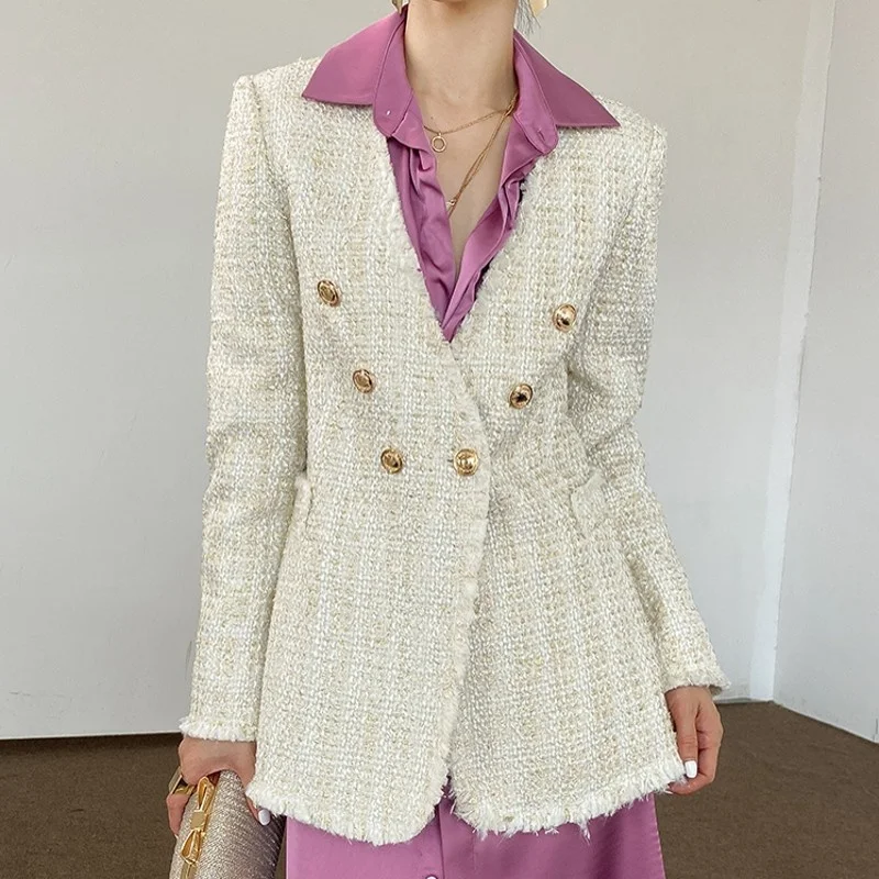 Design Sweet Wool Tweed Jacket Fashion Womens Wide-Waisted V-Neck Single Button Tassel Spliced Tweed Jacket Short Outerwear