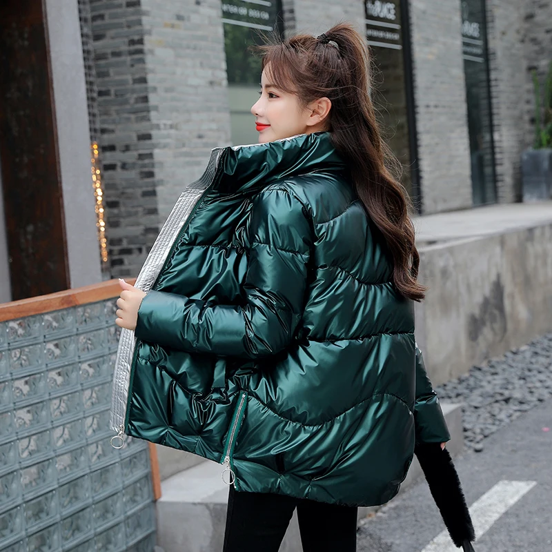 

Stand Collat Shiny Women's Winter Jacket Short Style Solid Thick Parkas Woman Cottoon Padded Glossy Plus Size Casual Female Coat