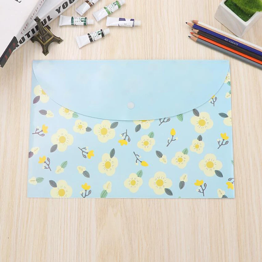 Plastic Envelopes Poly Envelopes, A4 Size Cute Pattern File Folders with Buckle Closure, Filing Envelopes for School/Home/Office