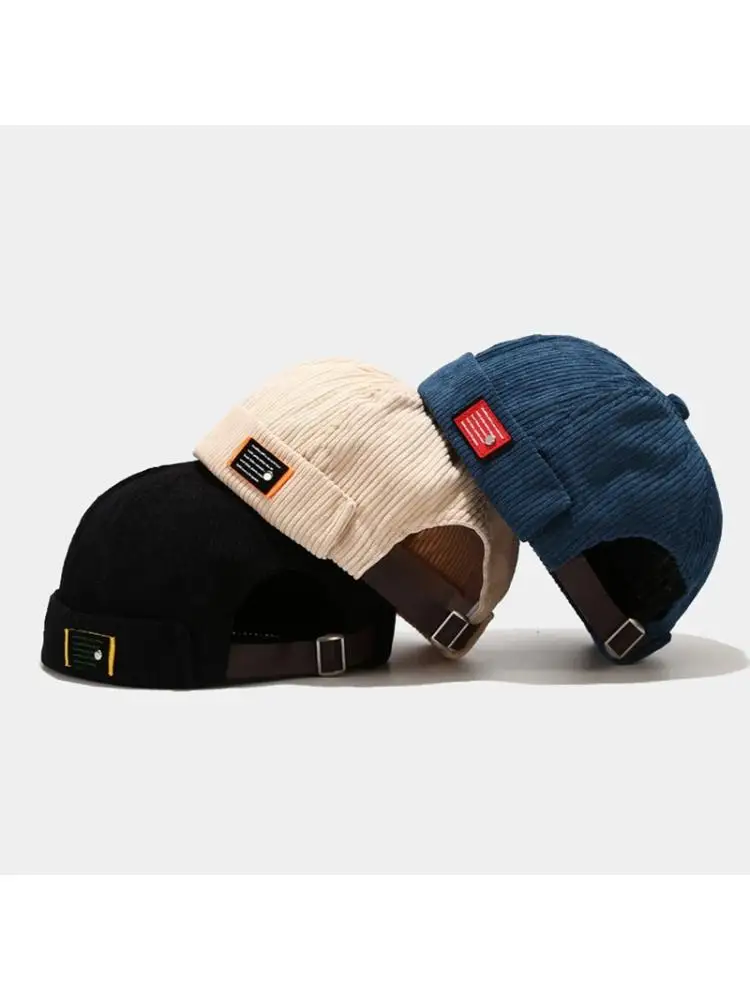 Unisex Letters Label Fluwelen Beanie Docker Cap Retro Rolde Manchet Sailor Schedel Hoed