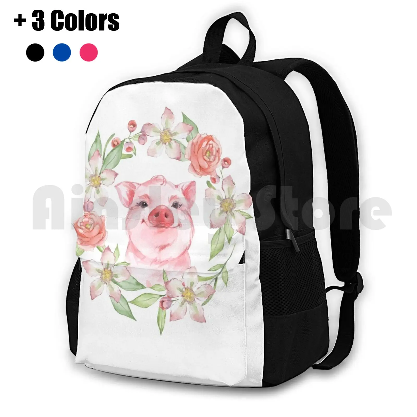 Pig And Flowers Outdoor Hiking Backpack Riding Climbing Sports Bag Baby Wreath Fun Floral Spring Circle Farm Cute Painted Round