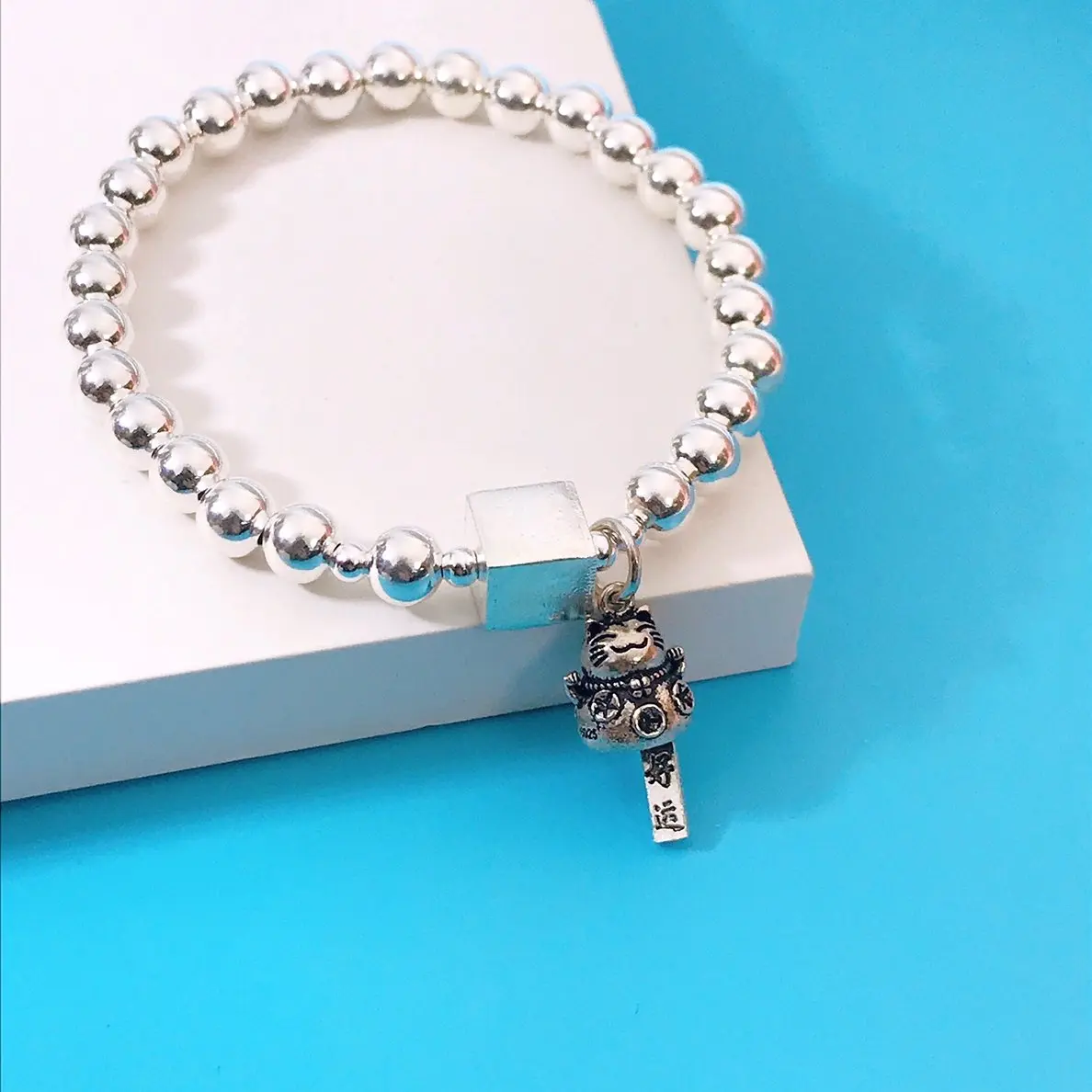 

100% Real 925 Sterling Silver Beaded Links Bracelet Retro Lucky Cat Glossy 6mm Bead Flexible Chain Good Fortune Lovely Cat Cute