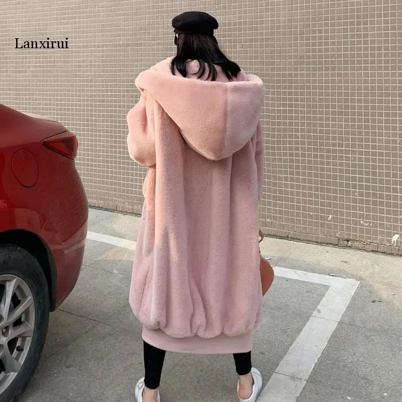 High Quality Hoodies Long Pink Faux Fur Coat Oversized Thicken Elegant Rabbit Fur Women Winter Coat  Female Plush Coats