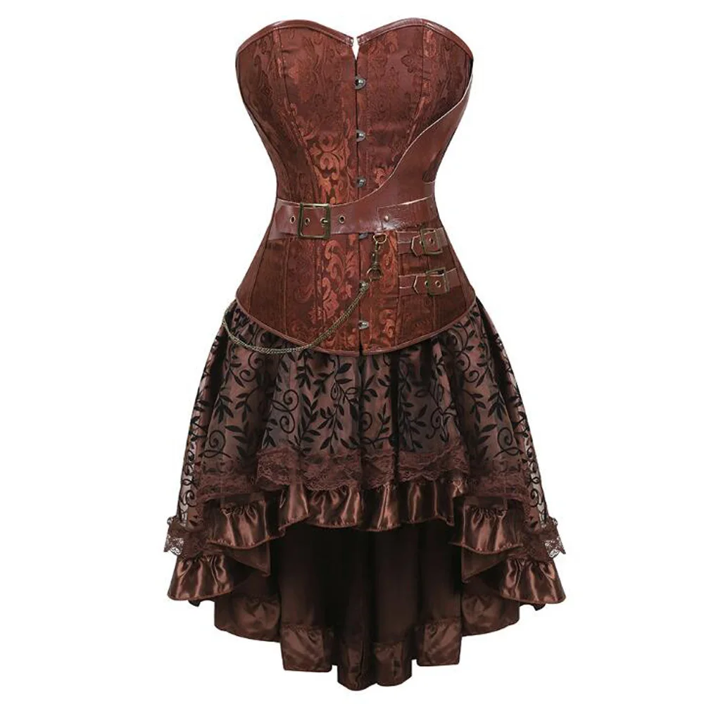 Sexy Gothic Punk Buckles Leather Bustier Corset Dress Women Burlesque Pirate Costume Plus Size Victorian Vintage Retro Dresses