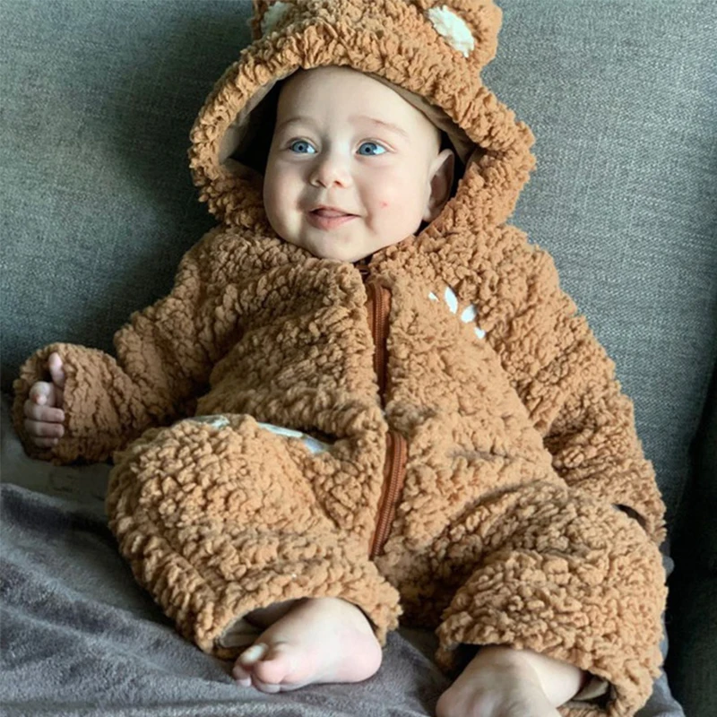 Cute Little Bear Baby Romper Infant Girl Jumpsuit Comfortable Warm Hooded Zipper Kids Boys Romper 0-2 Year Baby Crawling Clothes