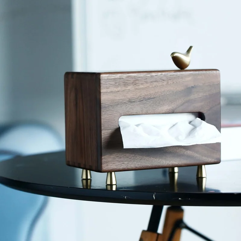 European Vintage Tissue Box Cover Golden Bird Decorative Black Walnut Pumping Paper Storage Boxes Dining Table Napkin Holder