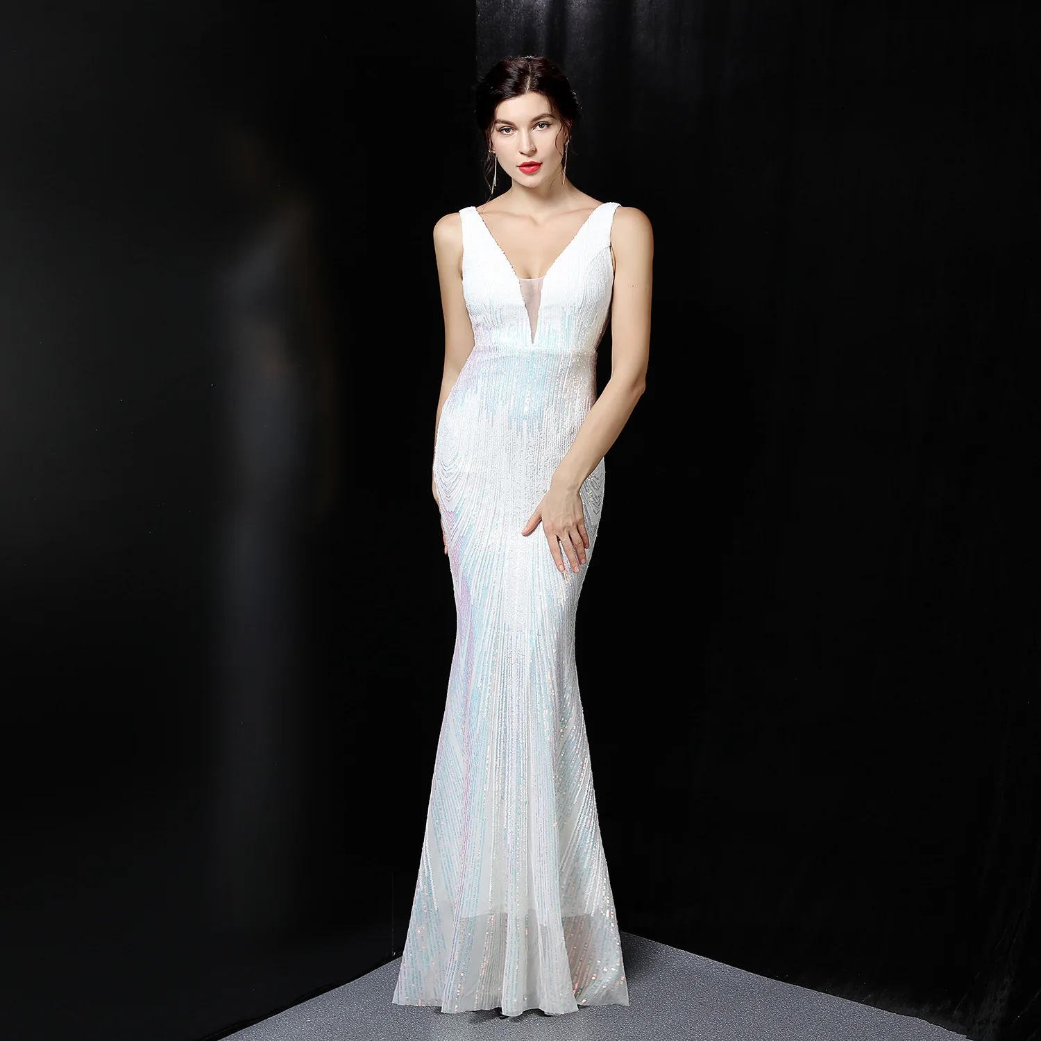 Robe de soirée blanche longue à paillettes, col en v, sans manches, Sexy, nouveauté, 2022, RU38