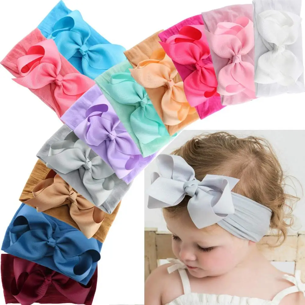 12PCS Baby Girls Grosgrain Ribbon Hair Bows Headbands 5Inch Bow Knotted Soft Nylon Hairbands Girls Turban Head Wrap for Infants