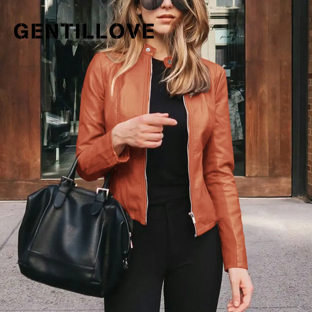 Gentillove Autumn Short Coat Motorcycle Leather Jackets 2024 Fashion Faux Soft Leather Jackets Female Slim PU Jacket Outwear