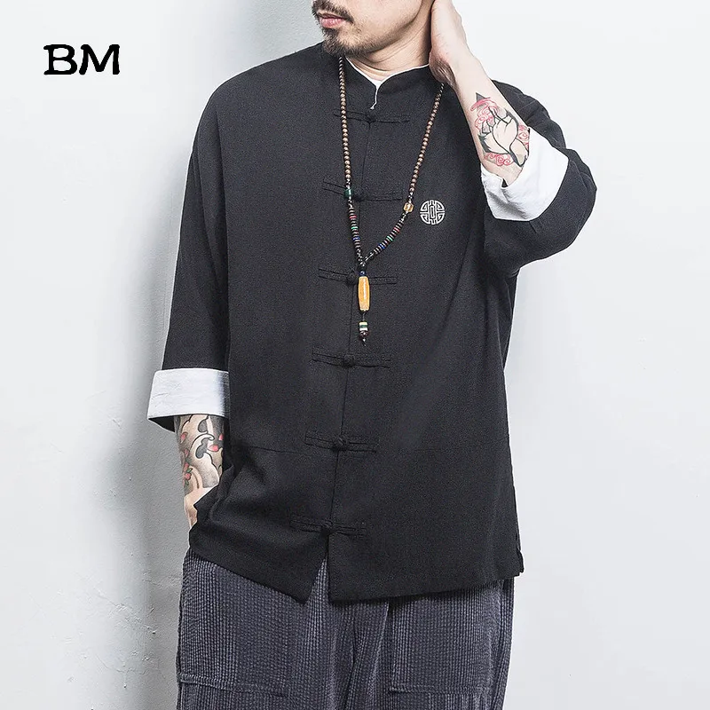 Chinese Style Shirt Ancient Style Wu Dang Clan Cotton Linen Buckle Short Sleeves Men Solid Color Tang Suit Summer Clothing