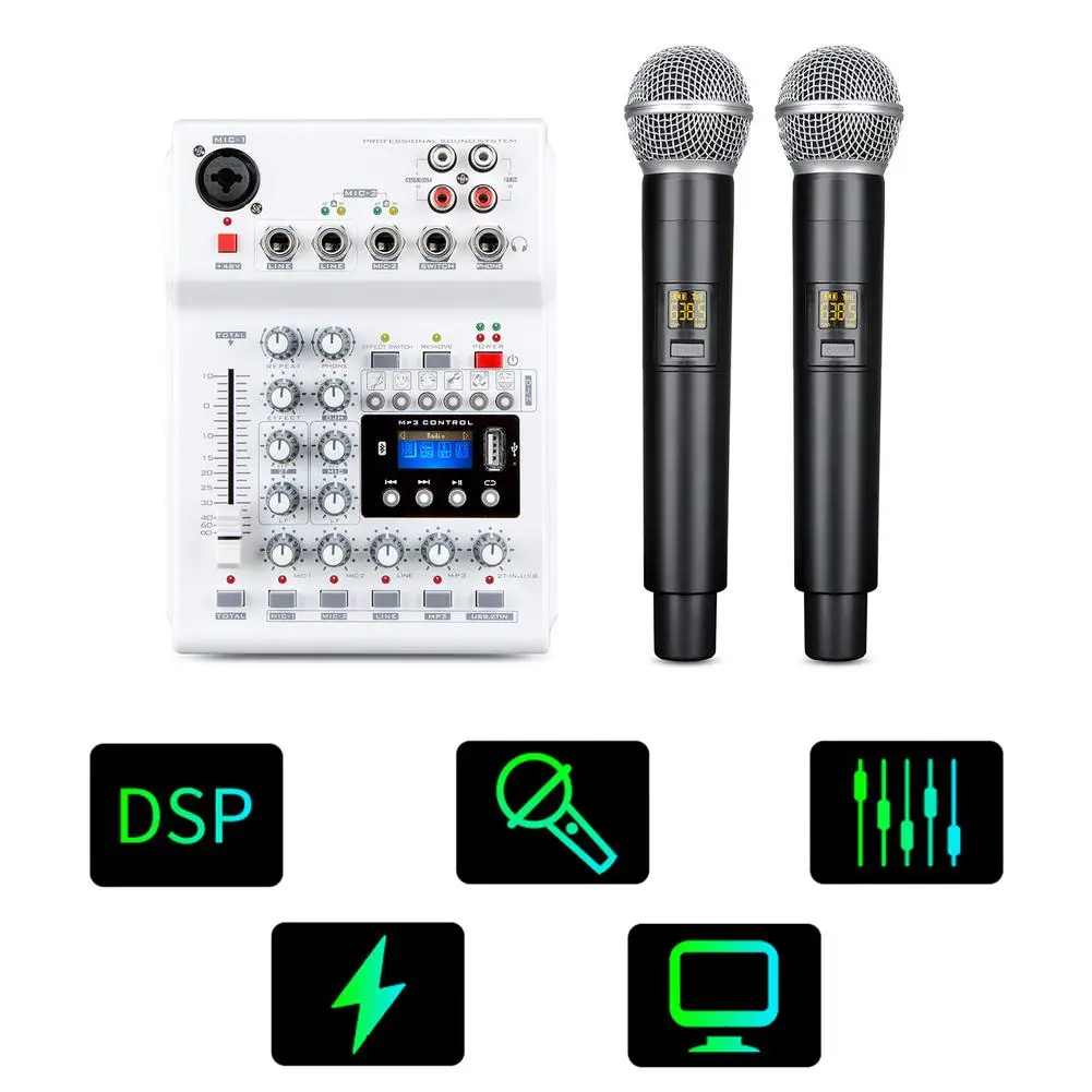 

Wireless Streaming Audio Mixer With 2 UHF Wireless Mics 4 Channels Mixing Console 48V Phantom Power USB For DJ Karaoke PC Guitar