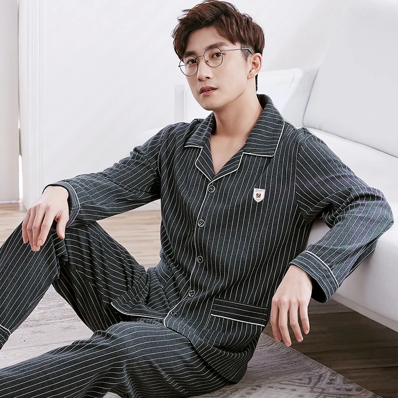 100% Cotton Pajama for Men Winter Long Sleeves Pyjama Button-Down Pijama Hombre 2PCS Pure Cotton Striped Nightwear PJ Plus Size