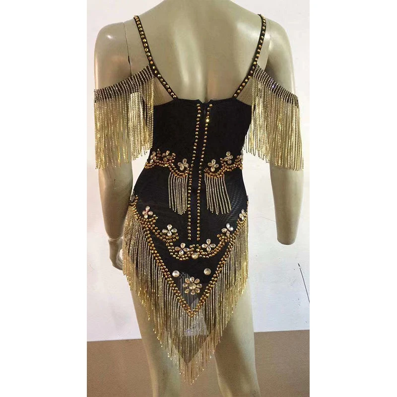 Złote Dżety Frędzle Siateczka Seksowny Kostium Sceniczny z Chwostami Body Damskie Sukienka na Urodziny Strój Kostium na Bal Urodzinowy