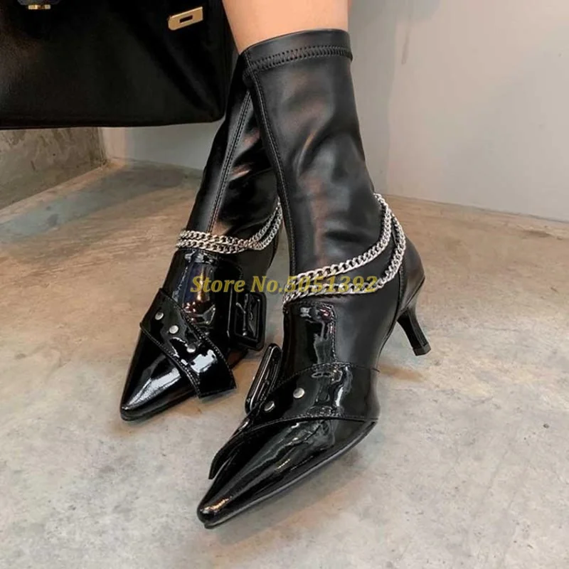 

2020 New Arrivals High Heeled Pointed Ankle Boots Leather Stiletto Female Buckle Boots Elastic Retro Rivet Fashion Metal Chain