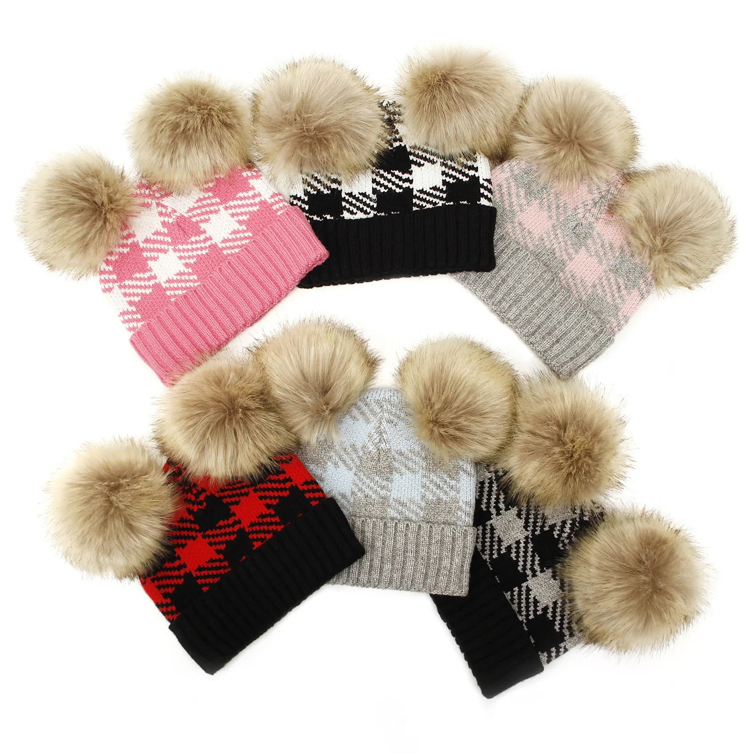 Brand New Newborn Baby Kids Girls Boys Winter Warm Plaid Knit Hat Furry Balls Pompom Solid Warm Cute Lovely Beanie Cap Gifts