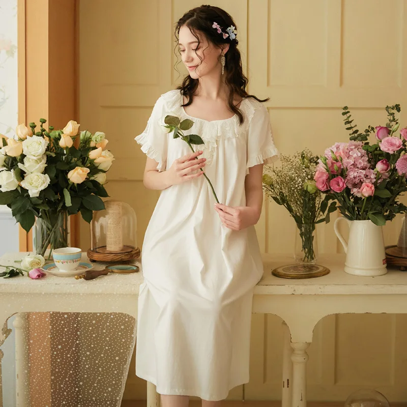 

Women Homewear White Cotton Sexy Sleepwear Lace Night Dress Nightwear Nightgown Sleepwear Homewear Gown