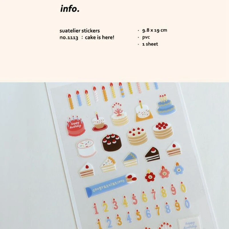 Suatelier Korean Birthday Cake Stickers Scrapbooking Material Cards Making Stationery Embellishment DIY Decorating Hobby Craft