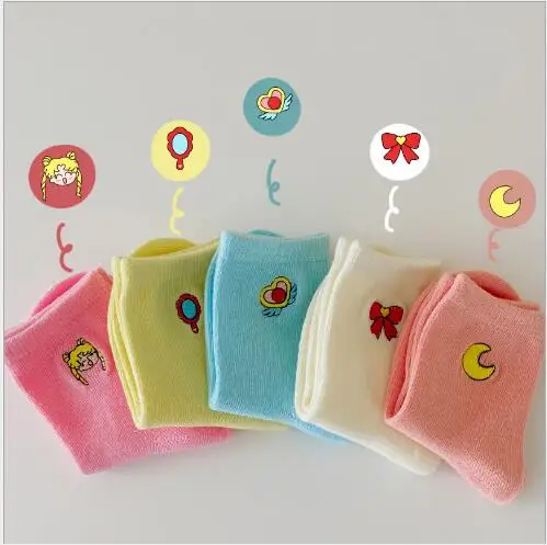 Girls socks 5Pairs/Lot 1-12Year 2022 autumn solid color cartoon embroidery bow children's tube socks image 3