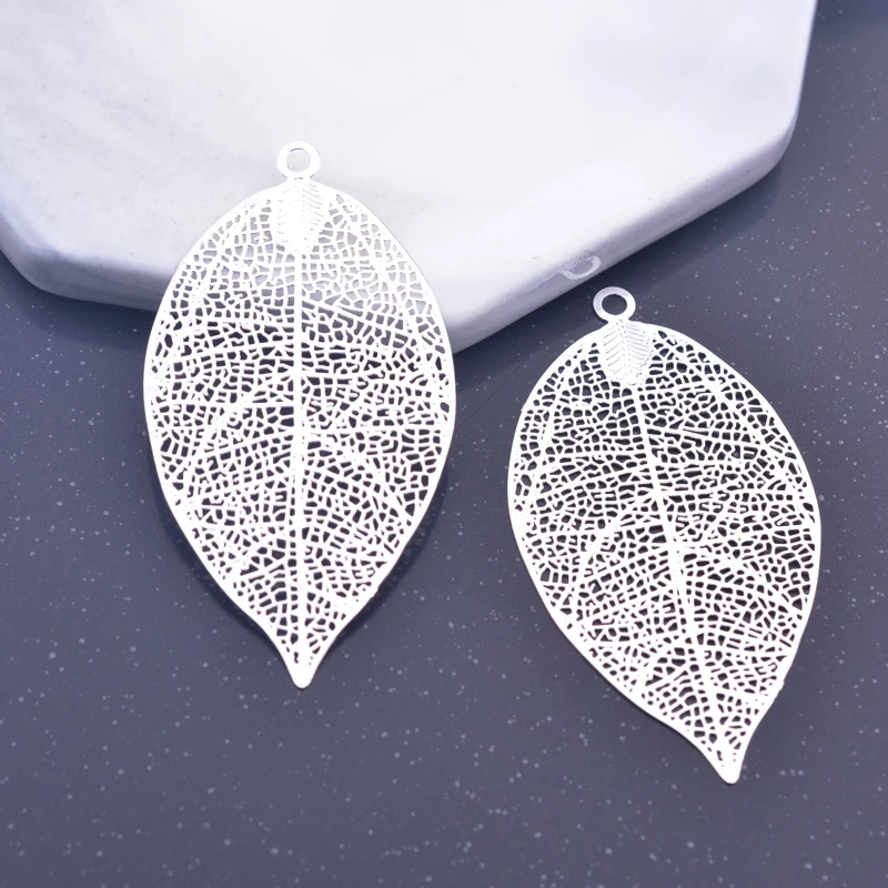 6pcs Light gold Color Big Leaves Charms Silver plated leaf  Filigree Charm Earring Brass Pendant Jewelry DIY Earring