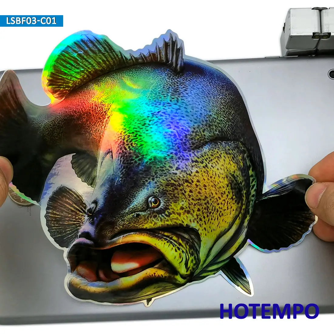 20cm Laser Flash Brown Grouper Bass Big Sea Fish Waterproof Sticker for Fisherman Fishing Boats Suitcase Motorcycle Car Stickers