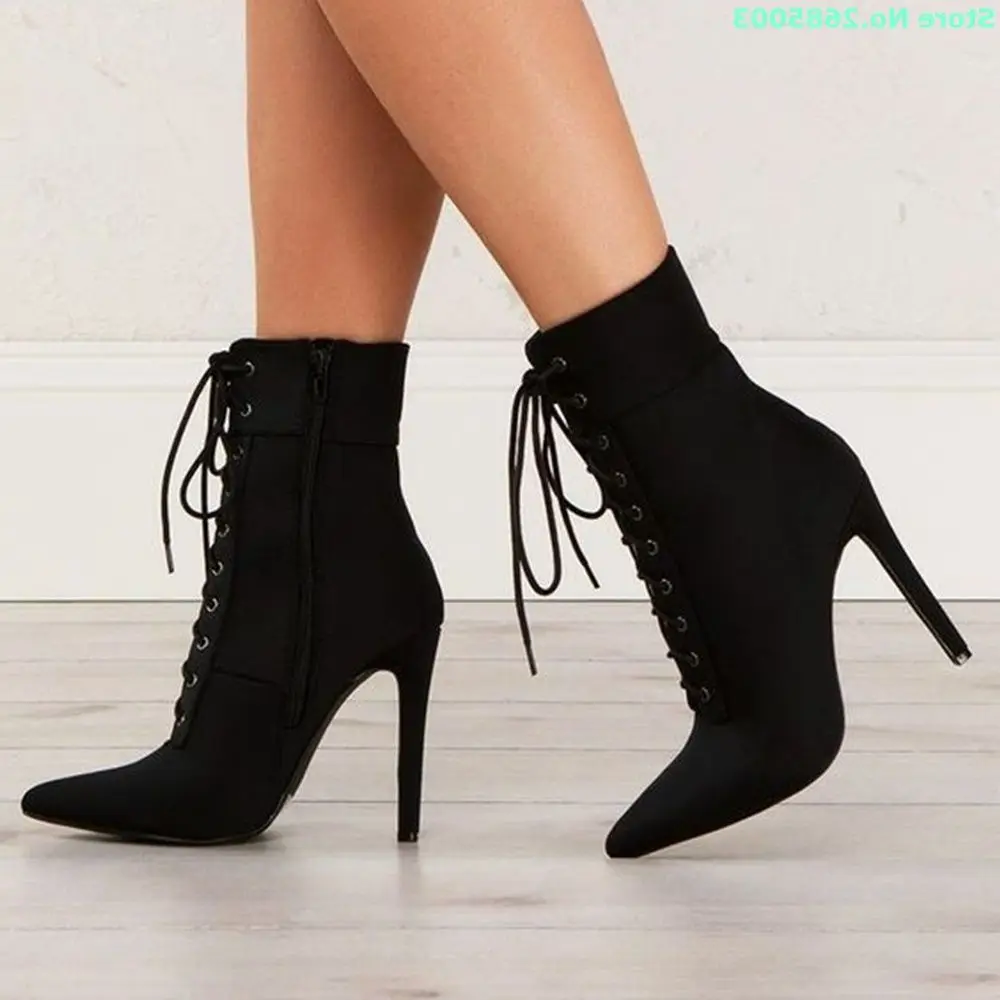 

Lace Up Stiletto Heels Boots Pointed Toe Ankle Solid Cross Tied Sexy Fashion Women Spring Autume Party Dress Boots Shoes