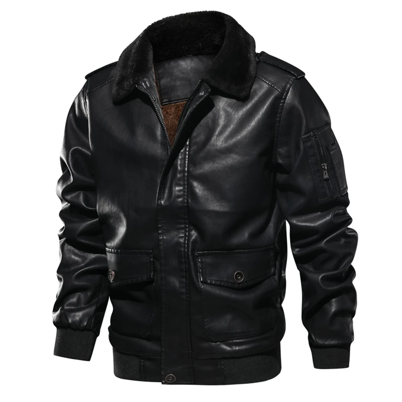 

Winter PU Leather Jacket Men Bomber Military Pilot Leather Jacket Casual Coat Fur Collar Motorcycle Jacket Men US/Euro Size