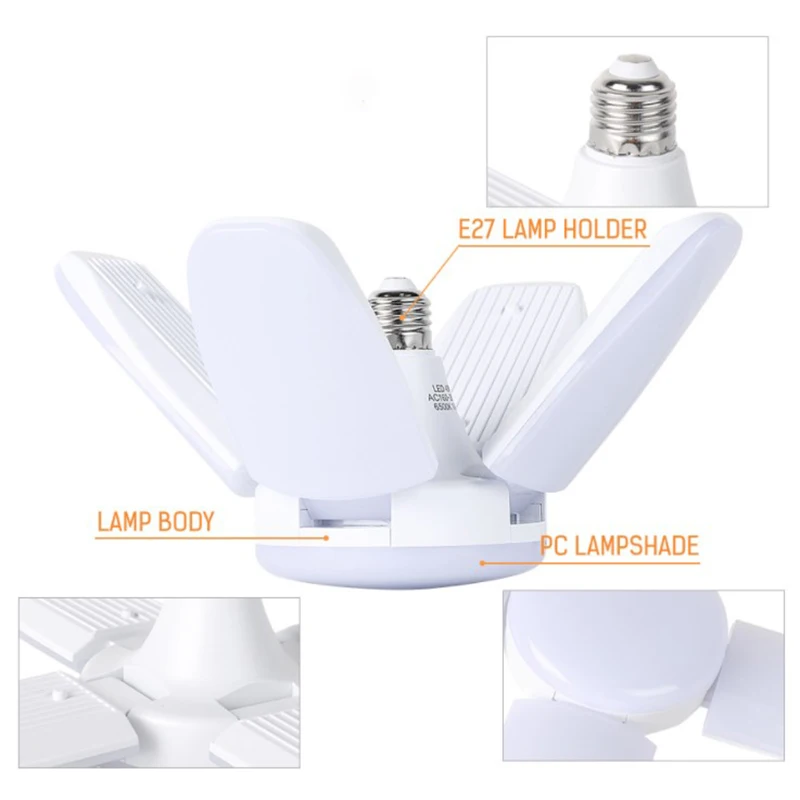 60W Led Deformable Bulb Bright Fan Leaf Bulb E27 AC85-265V Garage Restaurant Ceiling Lighting Foldable Cold White 6500k