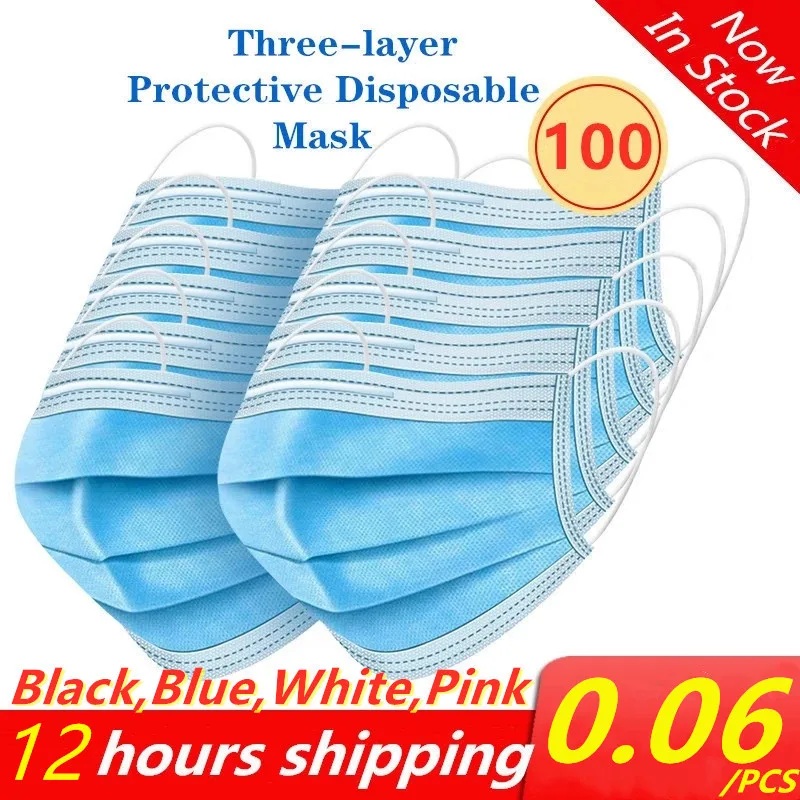 

100pcs Face Mask Disposable Mascarillas 3 Ply Melt-blown Nonwoven Fabric Mouth Masks Breathable Protective Mondkapjes Fast Ship