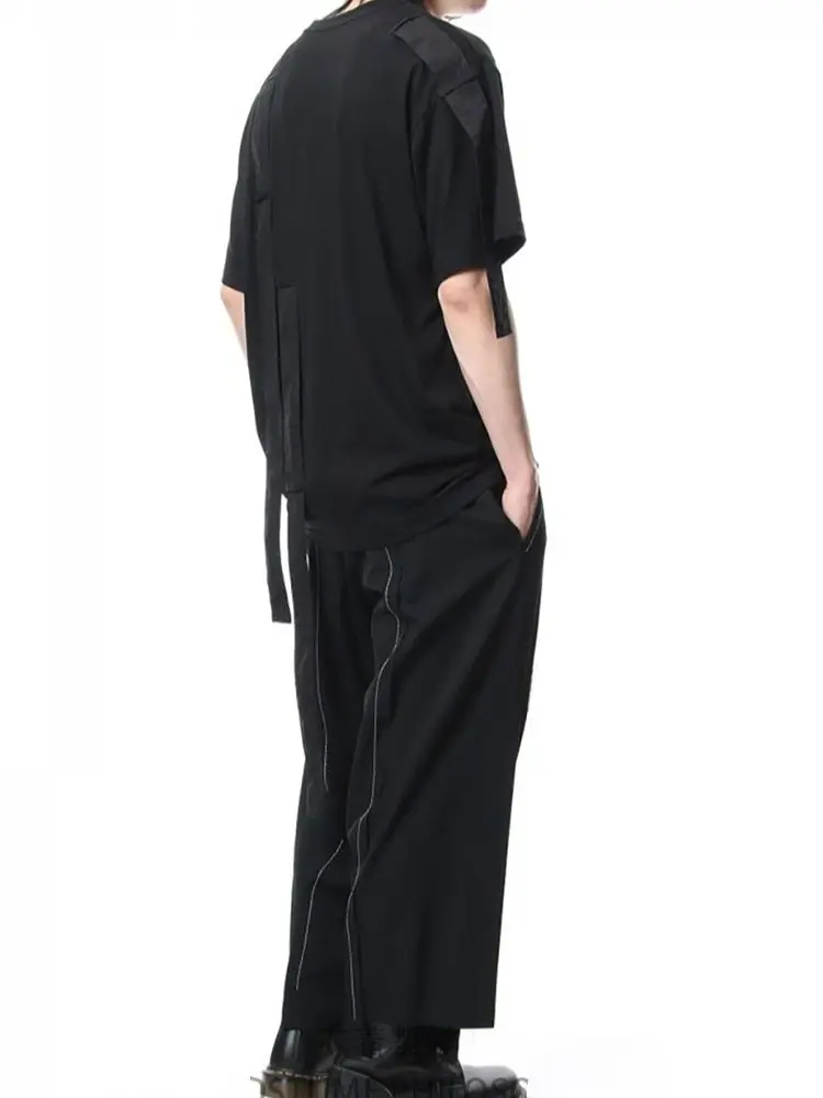 

Men's Short-Sleeved T-Shirt Summer New Brunet Round Collar Condole Belt Splicing Design Loose Leisure Tide Men's Clothing