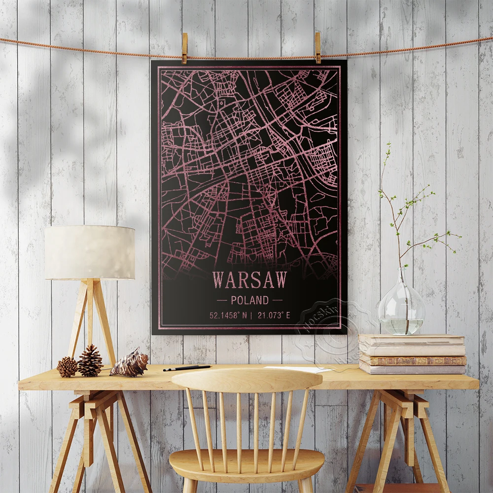Warsaw Poland Art Map Poster, World Travel City Black Pink Art Map Decor Painting, Coffee Shop Office Bar Pub Club Decor Mural,