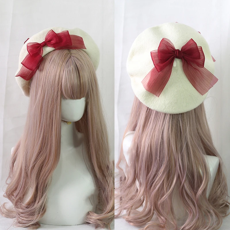 Handmake Lolita Berets ขนสัตว์หมวกผู้หญิงหญิงน่ารัก Sailor Maid สไตล์ฤดูใบไม้ร่วงฤดูหนาว Berets หมวกอุปกรณ์เสริม