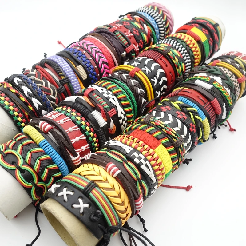 MIXMAX Wholesale 50PCs Cuff Bracelets For Men Women Mix Styles Handmade Leather Fashion Jewelry Party Gift Resizable Box Packed