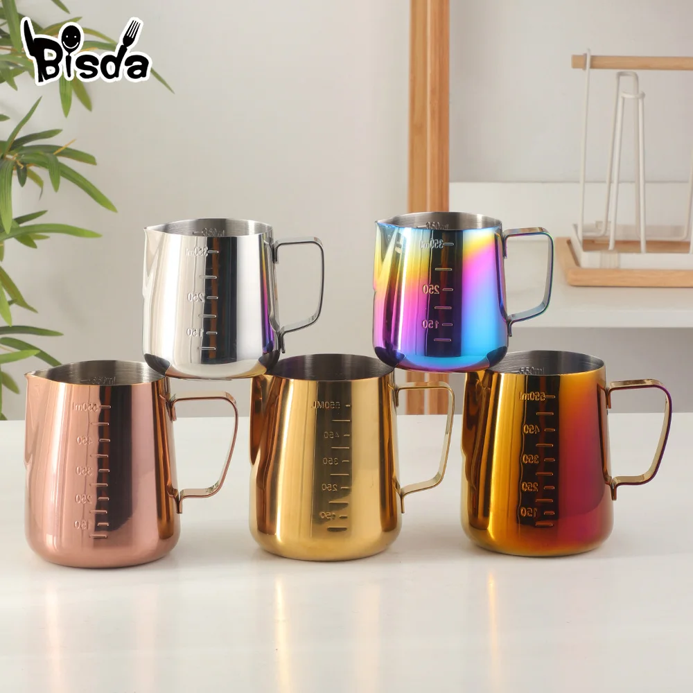 Stainless Steel Milk Jugs Coffee Pitcher Milk Frothing Jug Pull Flower Cup Gold Milk Craft Coffee Latte Art Jug Pitcher Mug Cup