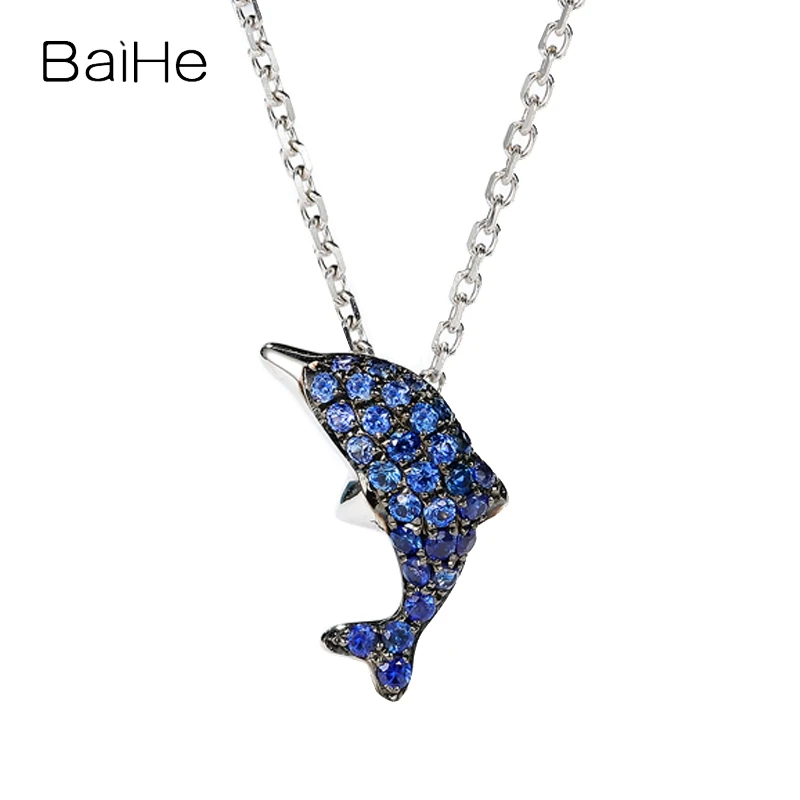 

BAIHE Solid 18K White Gold Natural Sapphire Dolphin Pendant Necklace Lady Fine Jewelry قلادة قلادة دولفين delfinų kaklo karoliai