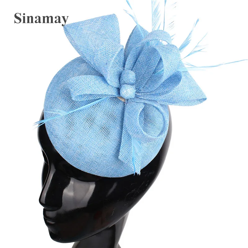 

Women Formal Chapeau Cap New Navy Imitation Sinamay Race Pillbox Caps Mariage Ladies Elegant Feather Fascinators Headbands