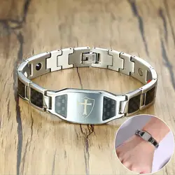 Cross Magnetic Bracelet Men Stainless Steel Hand Chain ID Bracelets Black Carbon Fiber Magnetic Energy Bracelet Men Dropshipping