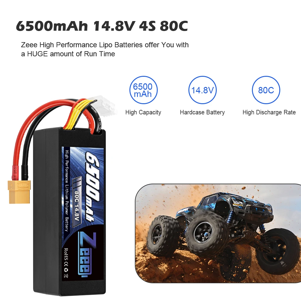 Zeee 4S Lipo Battery 14.8V 80C 6500mAh RC Lipo Battery with XT90 Plug Hardcase Battery For RC Car Boat Truck Airplane Tank