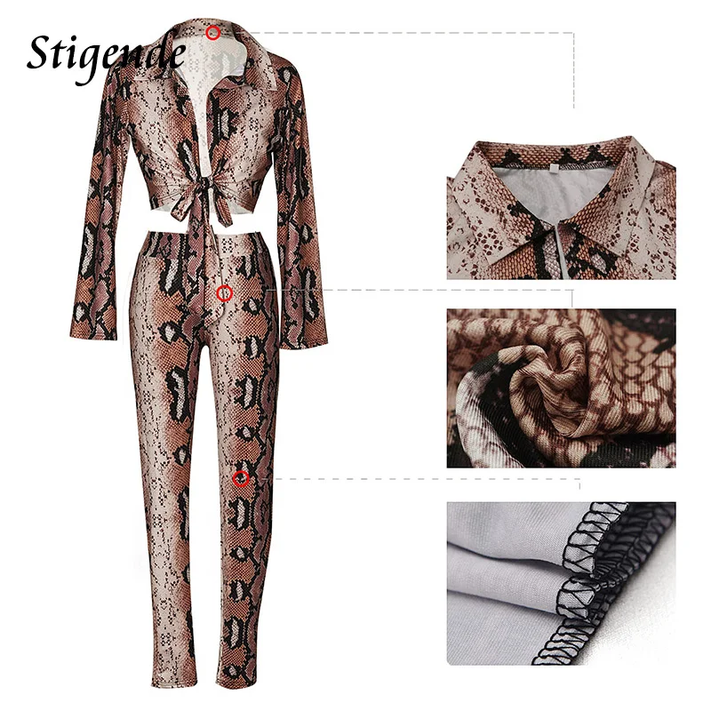 Stigende Sexy Two Piece Set Women Crop Top and Pants Party Clubwear Long Sleeve Snake Print 2 Piece Set