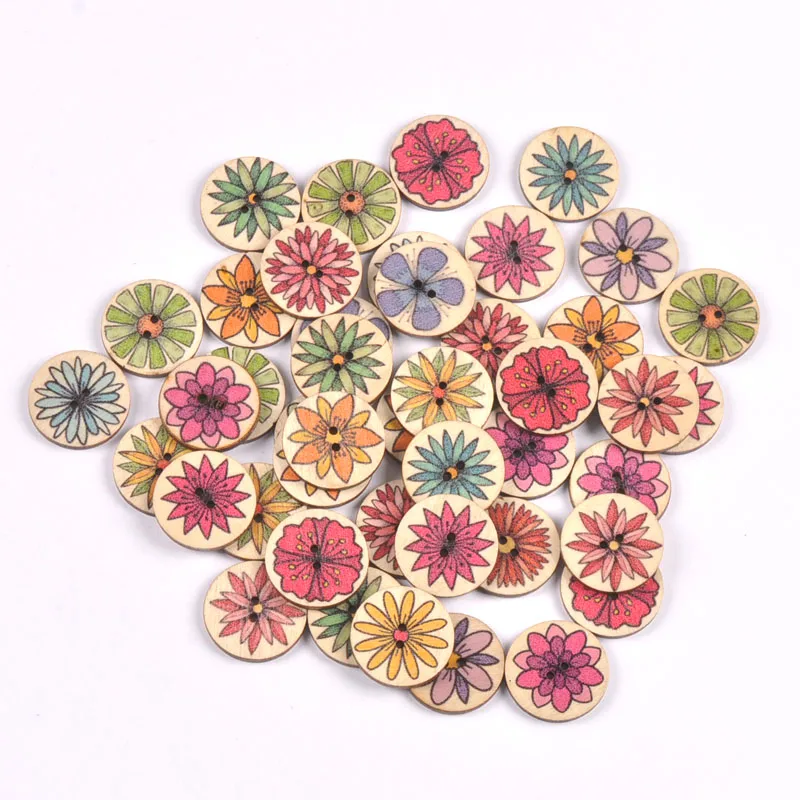 12 style 50pcs Mixed Flower Pattern Wooden Buttons For Clothing Sewing DIY Crafts Scrapbook Handmade Home Decor Supplies 15-25mm