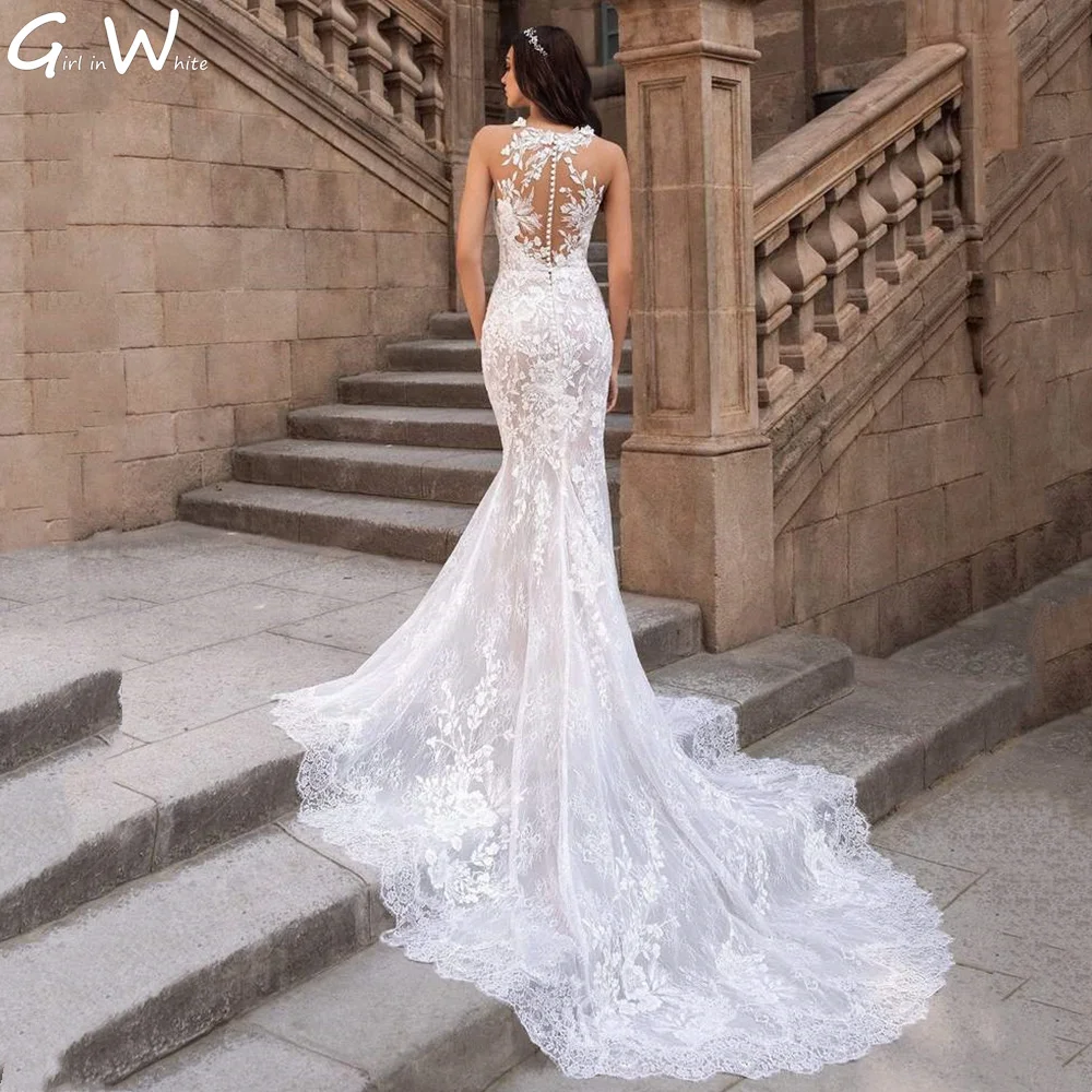 Corpo inteiro rendas apliques vestido de casamento sereia halter pescoço robes de noiva tribunal trem vestidos de noiva ilusão volta vestido