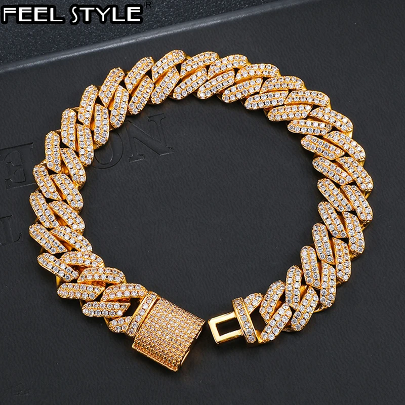 Hip Hop Heavy Iced out 12MM Big Box Buckle Cuban Prong Chain AAA+ Cubic Zirconia Stones Bracelet For Men Jewelry With Solid Back