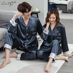 Couple Pajamas Set Men's Stain Silk Pajama Set Women Silk Sleepwear Long Sleeve and Trousers Two Piece Pajams Nightgown Men Sets