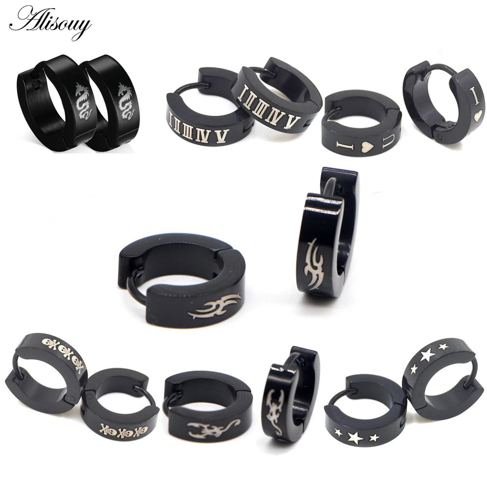 Alisouy Cute Hoop Earrings for Men Women Punk Dragon Heart Skull Star Cross Roman Numerals Stainless Steel Huggie Small Earrings
