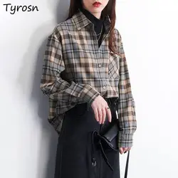 Plaid Shirts Women Elegant All-match Retro High Street Design Turn-down Collar Single Breasted Long Sleeve Blouses Lady Ulzzang