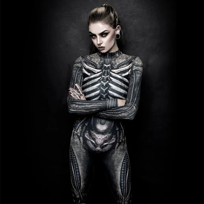 Skeleton Jumpsuit เครื่องแต่งกายฮาโลวีน Slim Humen Body Zentai Skull ชุดคอสเพลย์ Ghost แน่นชุด Carnival Party 2021ใหม่