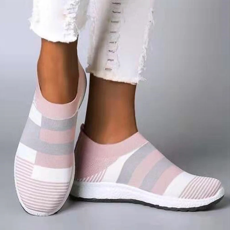 Zapatillas vulcanizadas de punto para Mujer, zapatos planos de mezcla de colores, informales