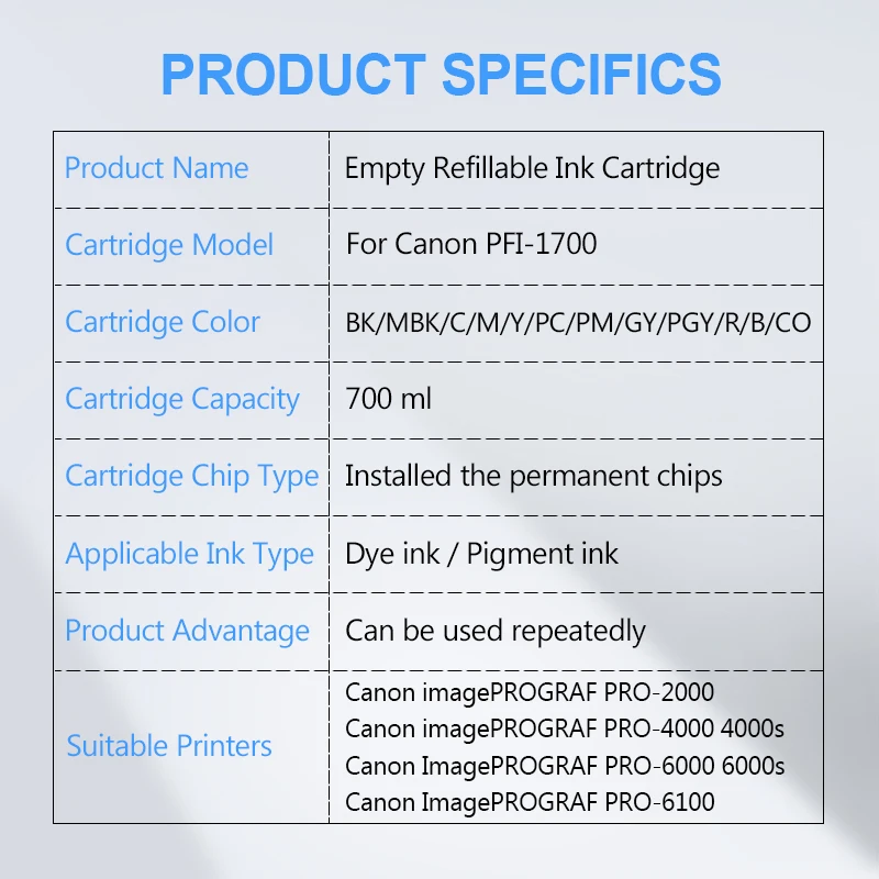 Refill Cartridge PFI-1700 PFI1700 Refillable Ink Cartridge With Permanent Chip For Canon PRO-2000 2100 4000 4000S 6000 6100