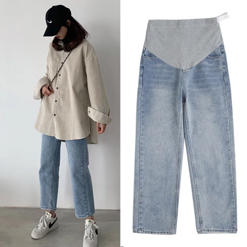 1088# Wide Leg Loose Straight Denim Maternity Jeans Spring Autumn Belly Pants Clothes for Pregnant Women Pregnancy Work Trousers