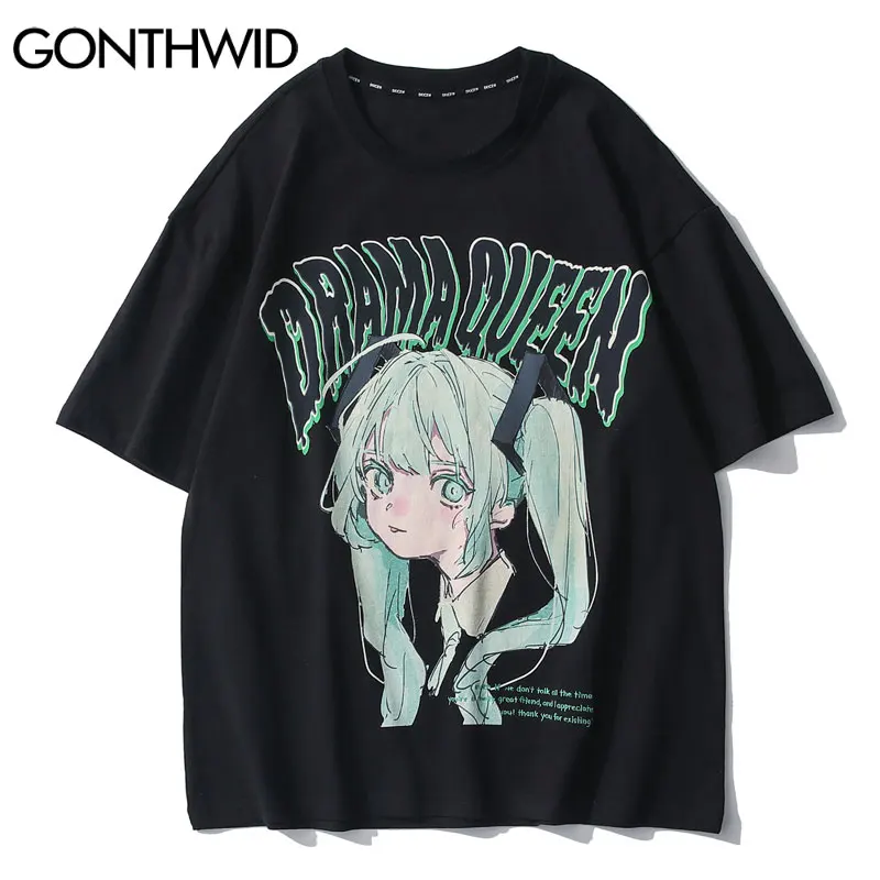 GONTHWID Tshirts Streetwear Japanese Anime Cartoon Girl Print T-Shirt Harajuku Hip Hop Hipster Casual Summer Loose Tees Tops