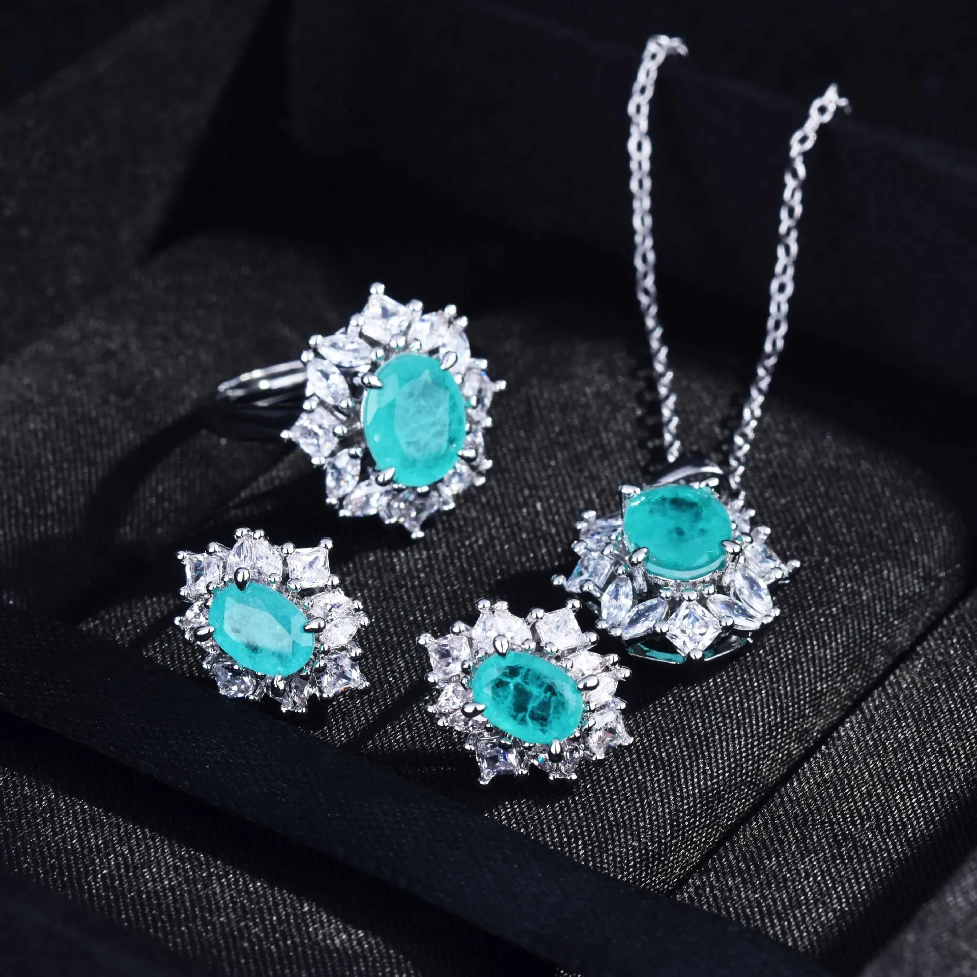 

QTT Paraiba Tourmaline Stone Dazzling Jewelry Set Fashion Earrings Wedding Ring Pendant Necklace Set Silver Color Gift